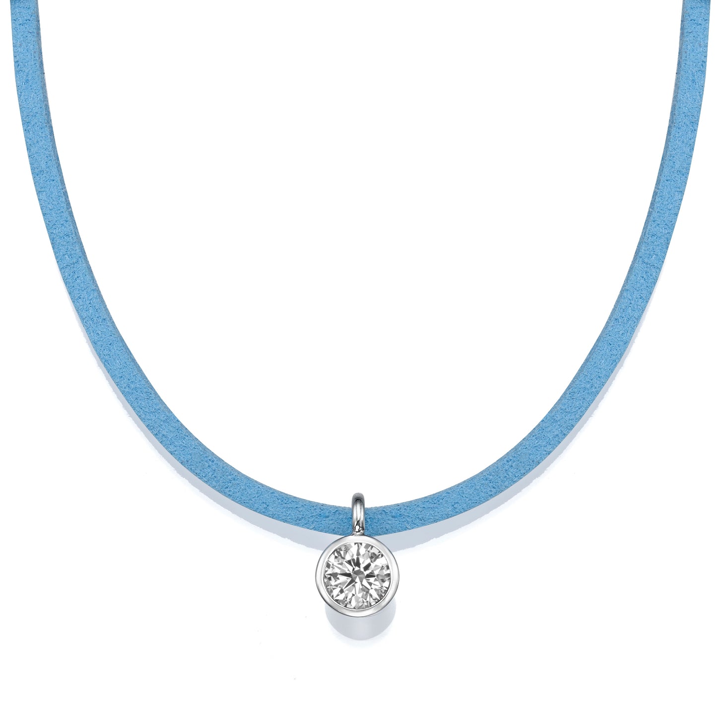 18K White Gold Blue Suede Leather Necklace With 0.80 Carats Diamond Pendant