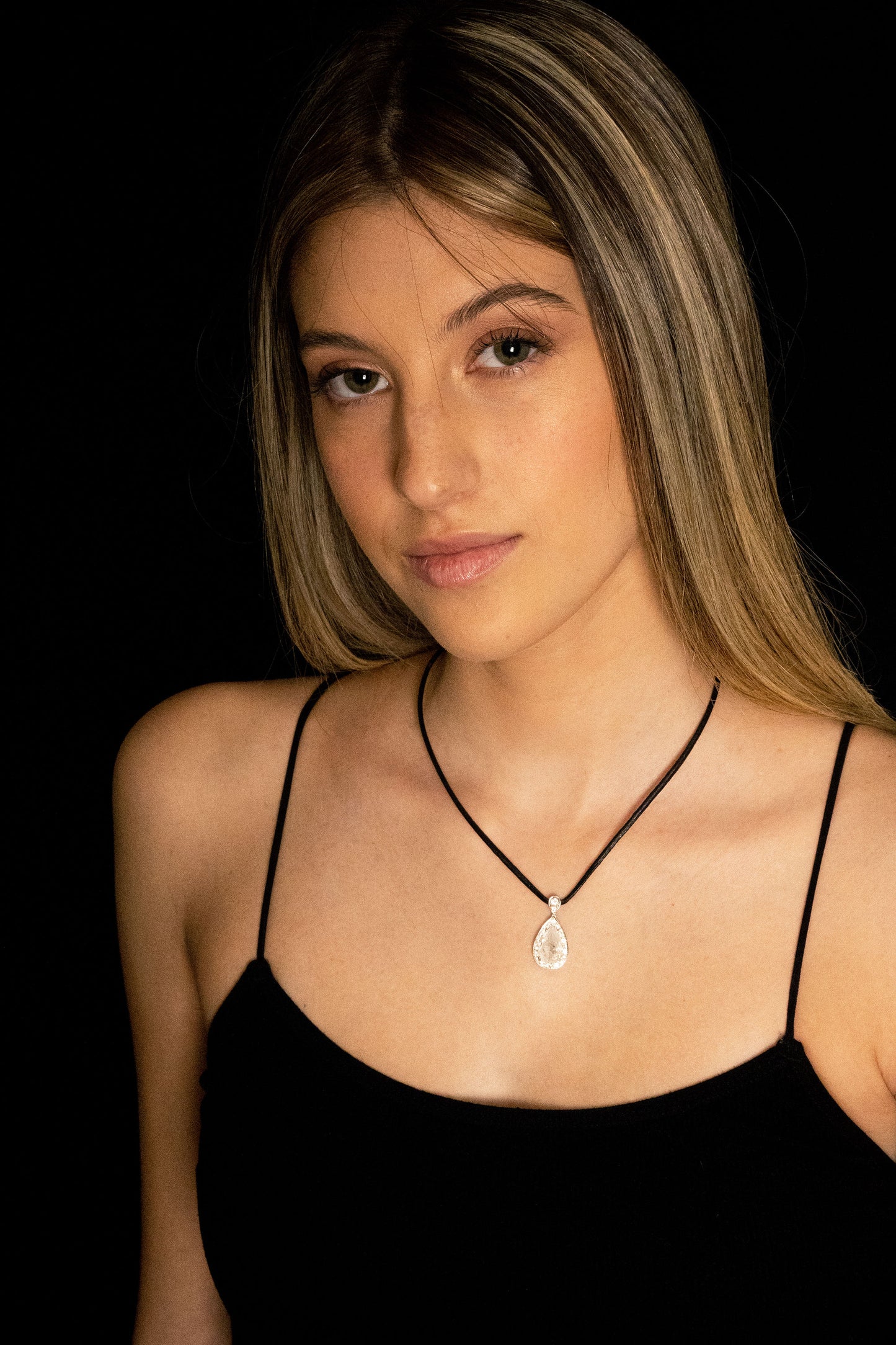 18K White Gold Pear Pendant Black Leather Necklace with 4.18 TCW Natural Diamond