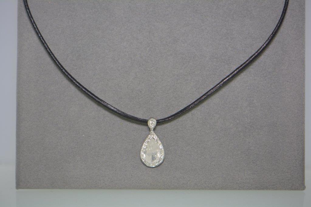 18K White Gold Pear Pendant Black Leather Necklace with 4.18 TCW Natural Diamond