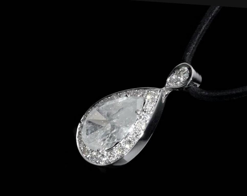 18K White Gold Pear Pendant Black Leather Necklace with 4.18 TCW Natural Diamond