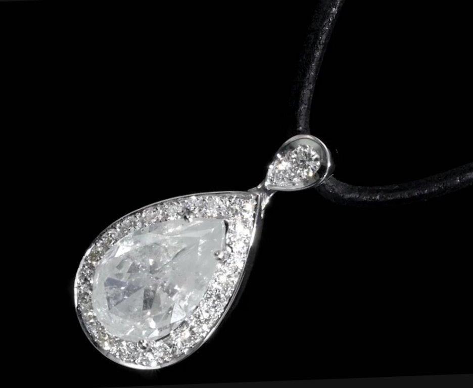 18K White Gold Pear Pendant Black Leather Necklace with 4.18 TCW Natural Diamond