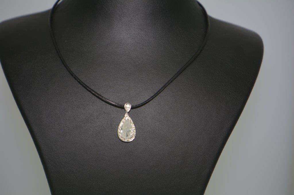 18K White Gold Pear Pendant Black Leather Necklace with 4.18 TCW Natural Diamond