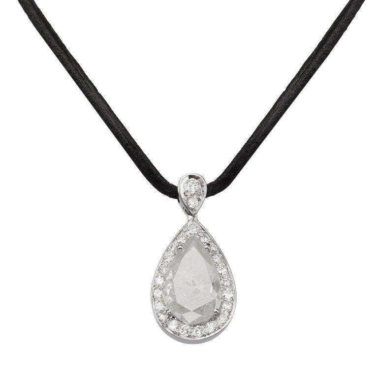 18K White Gold Pear Pendant Black Leather Necklace with 4.18 TCW Natural Diamond