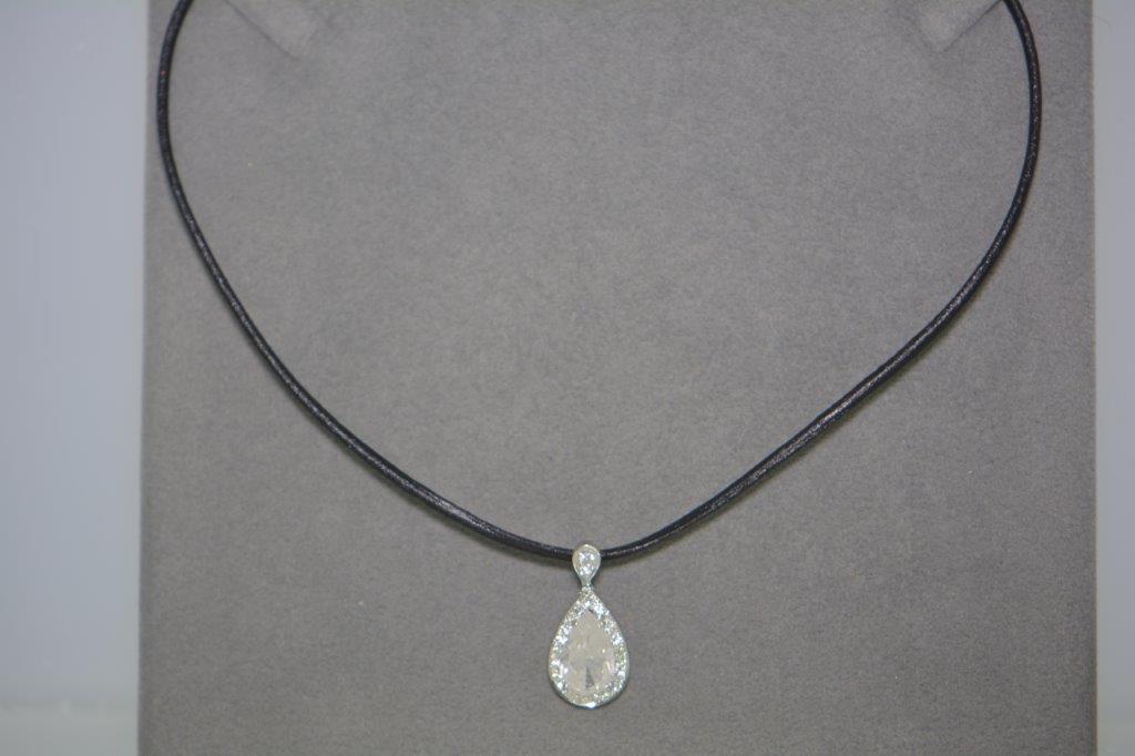 18K White Gold Pear Pendant Black Leather Necklace with 4.18 TCW Natural Diamond