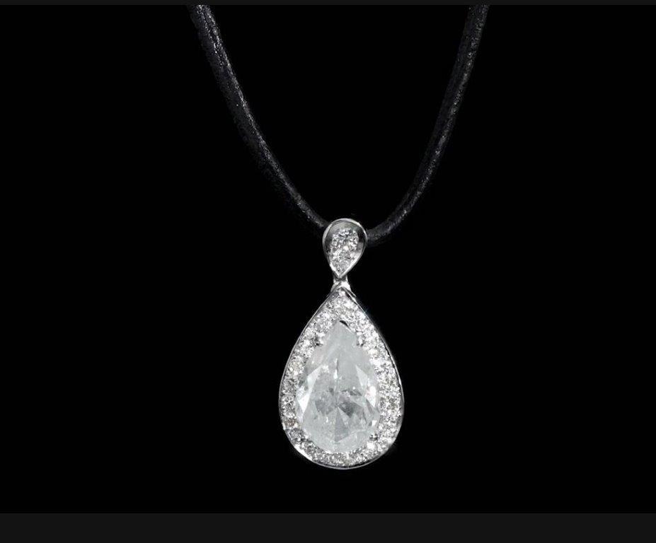 18K White Gold Pear Pendant Black Leather Necklace with 4.18 TCW Natural Diamond