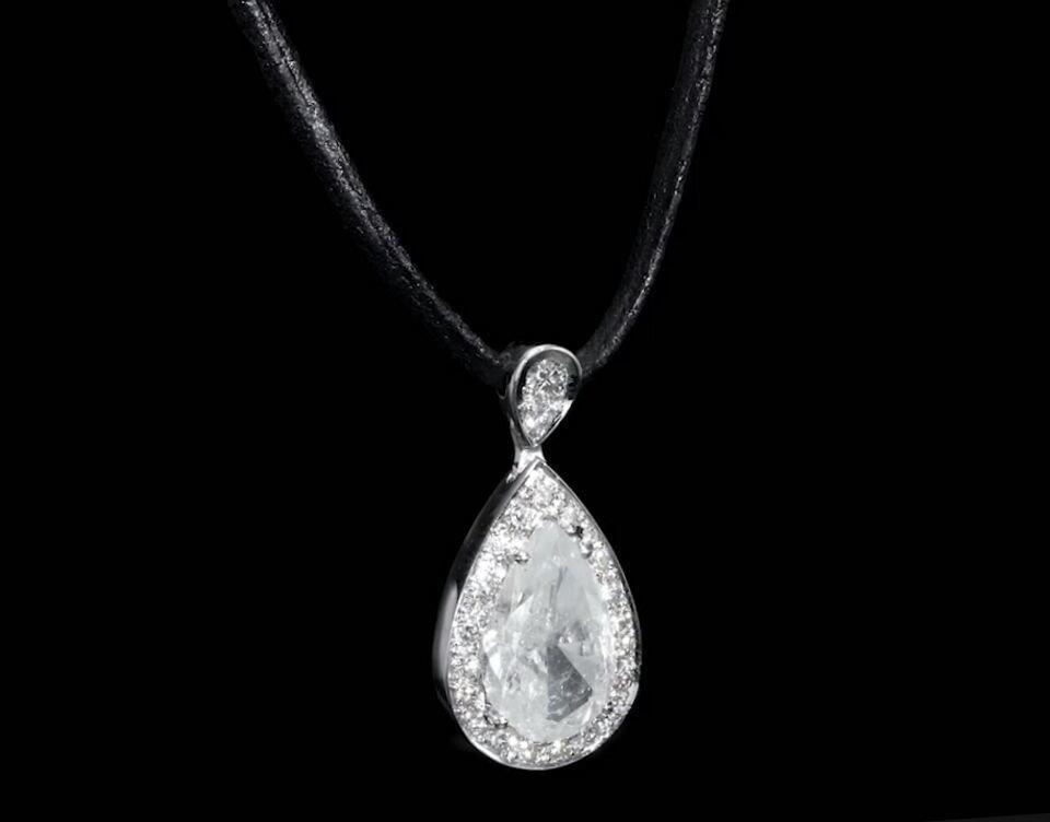 18K White Gold Pear Pendant Black Leather Necklace with 4.18 TCW Natural Diamond