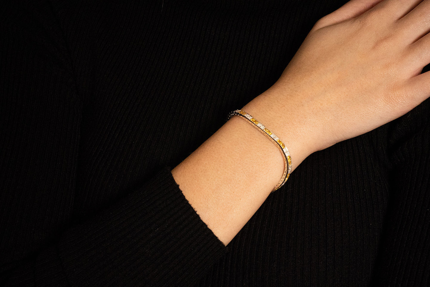 18K White Gold Tennis Bracelet With 8.71 TCW - Natural Fancy Colored Diamond Main Stone
