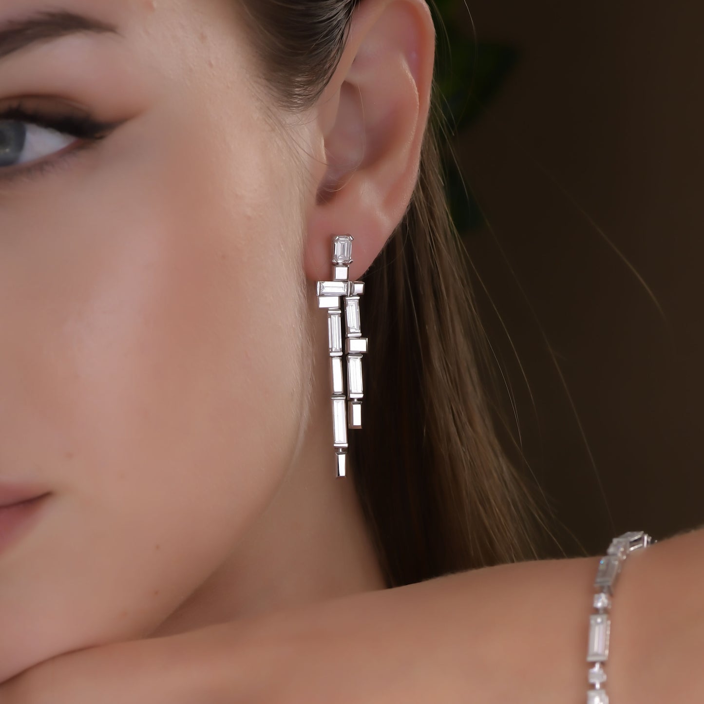 4.15 tcw Baguette Natural Diamond in 18k White Gold Dangling Earrings