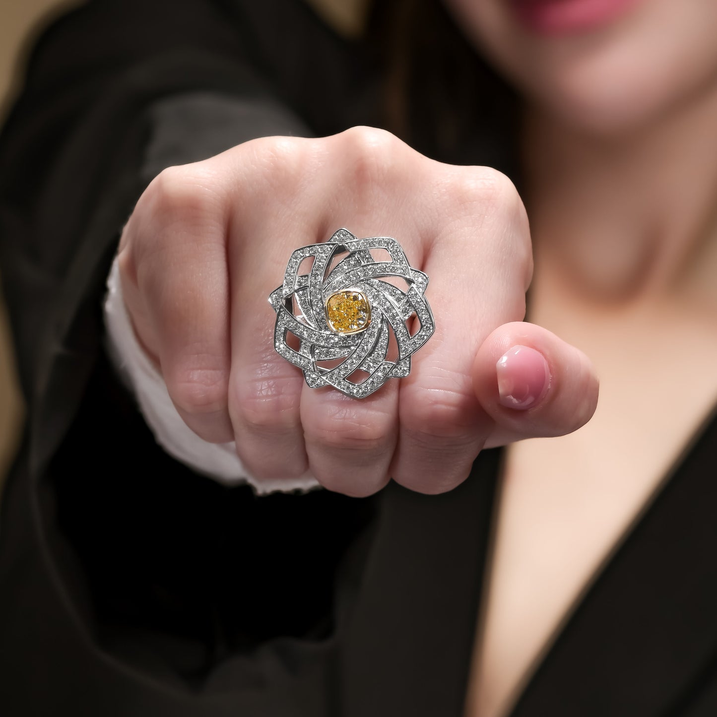 18K White Gold Ring With 3.44 TCW TCW Natural Diamond - Natural Fancy Colored Diamond Main Stone