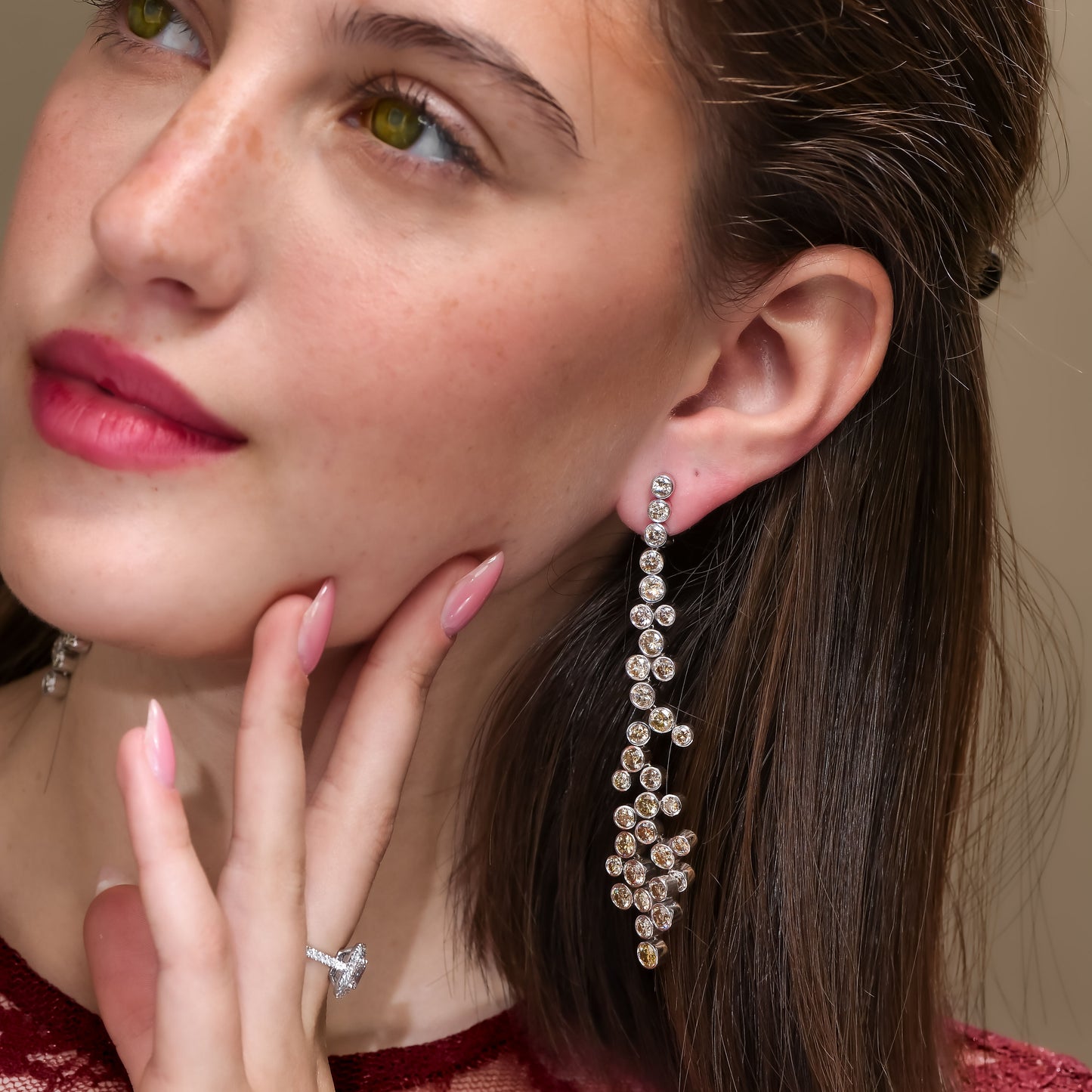 18K White Gold Dangling Drop Earrings With 13.74 TCW Fancy Colored Diamonds