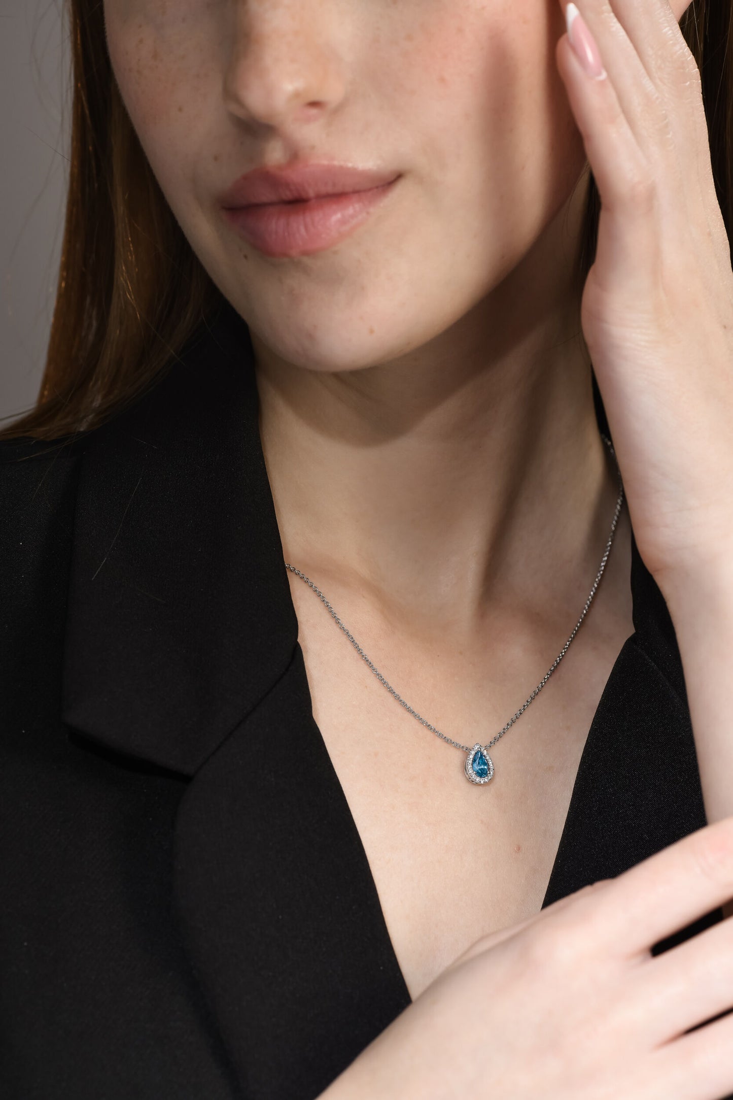 0.58 tcw Pear Shape Fancy Intense Blue in 14k Halo Pendant