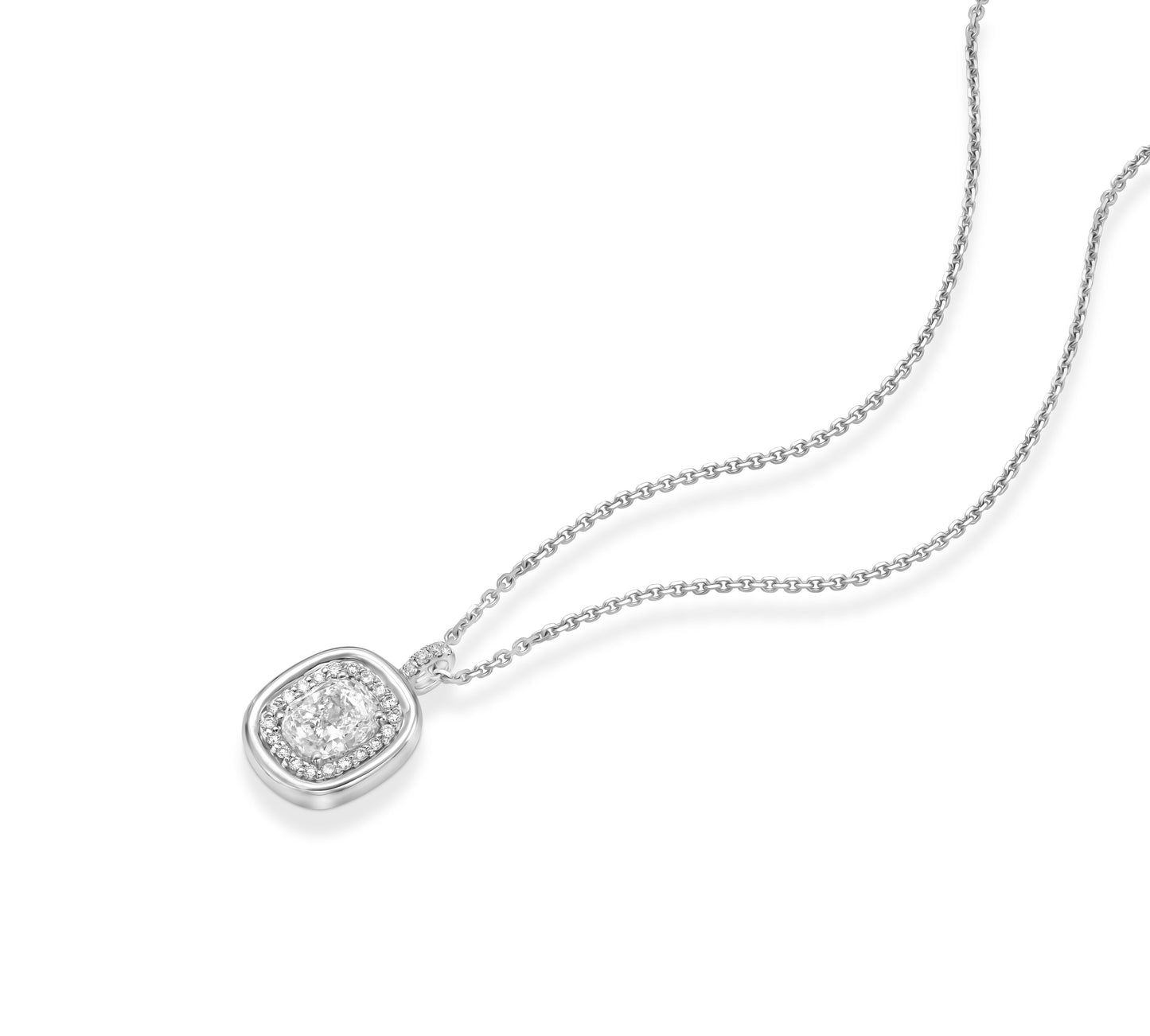18k White Gold Halo Pendant Necklace With 1.01 tcw Cushion Cut Natural Diamond