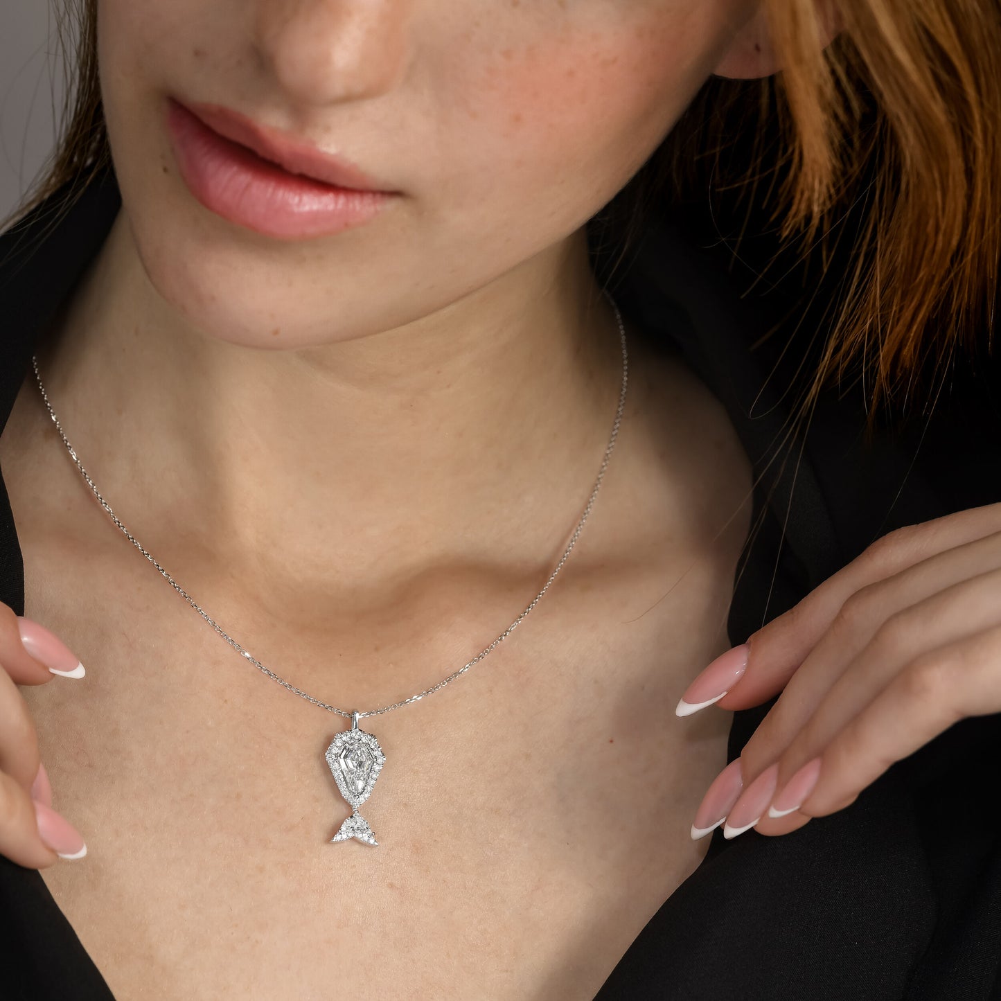 18k White Gold "The Whale" Pendant Necklace With 1.28 ct Shield Shape Natural Diamond