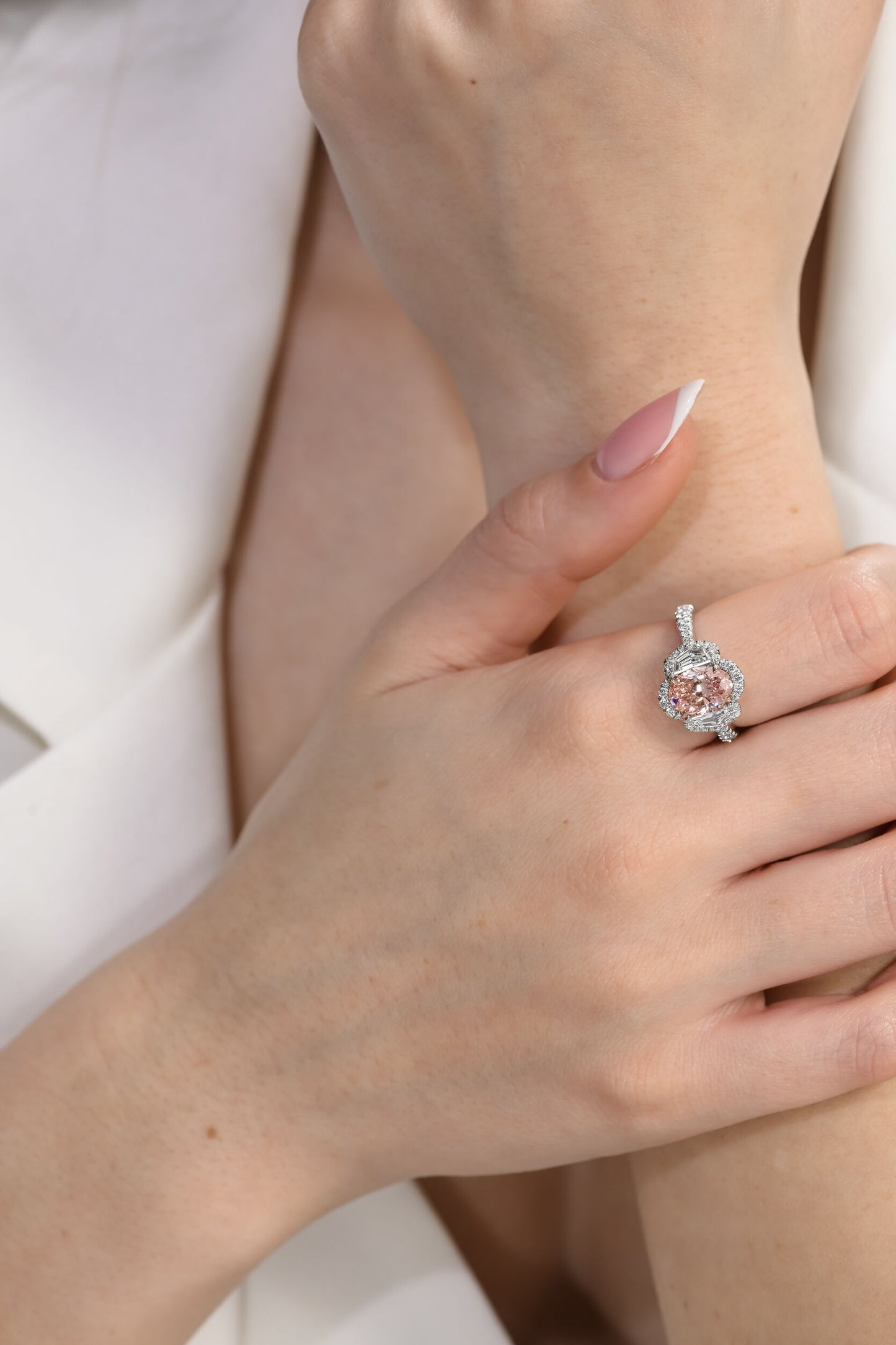 1.65ct Oval Fancy Pink (Treated Color) In 18k White Gold Statement Ring