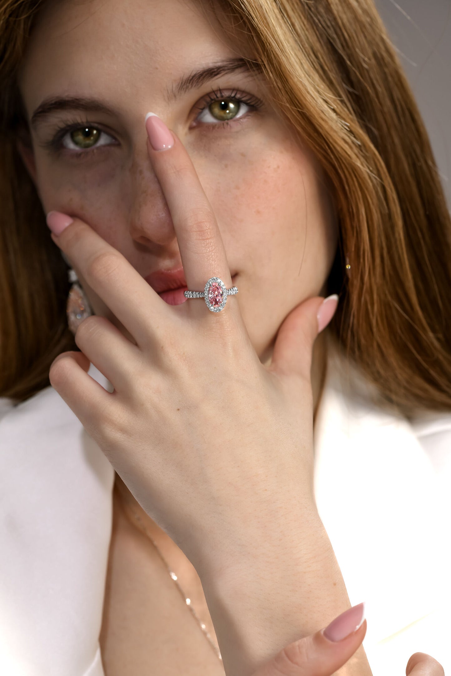 1.01 Ct Oval Fancy Intense Pink (Treated Color) in 18k White Engagement Ring