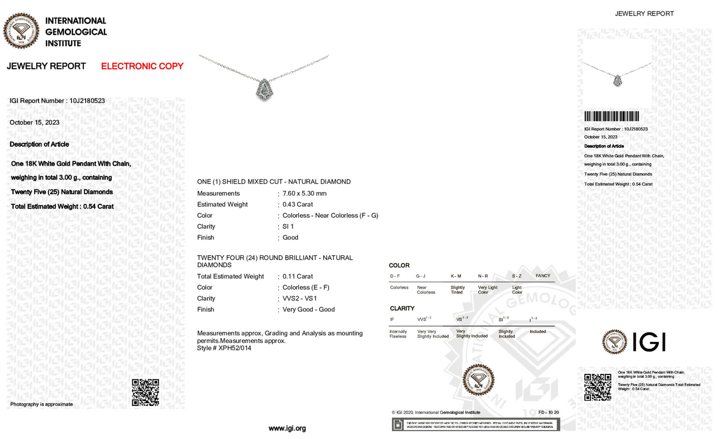 18K White Gold Pendant Necklace With 0.54 TCW Natural Diamond
