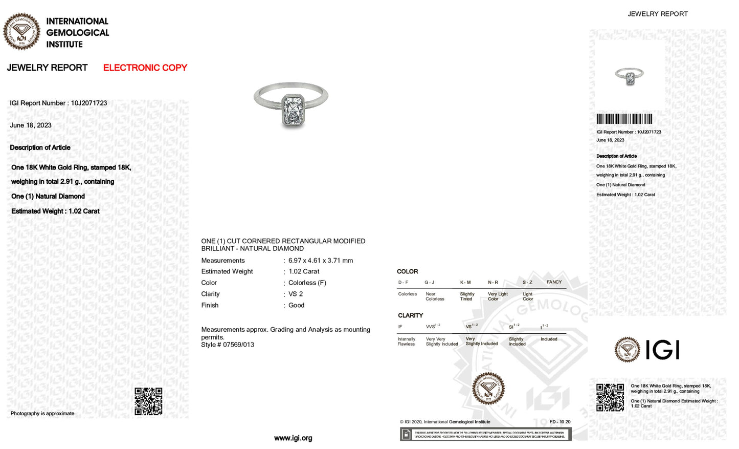 18K White Gold Solitaire Ring With 1.02 Carat Natural Diamond