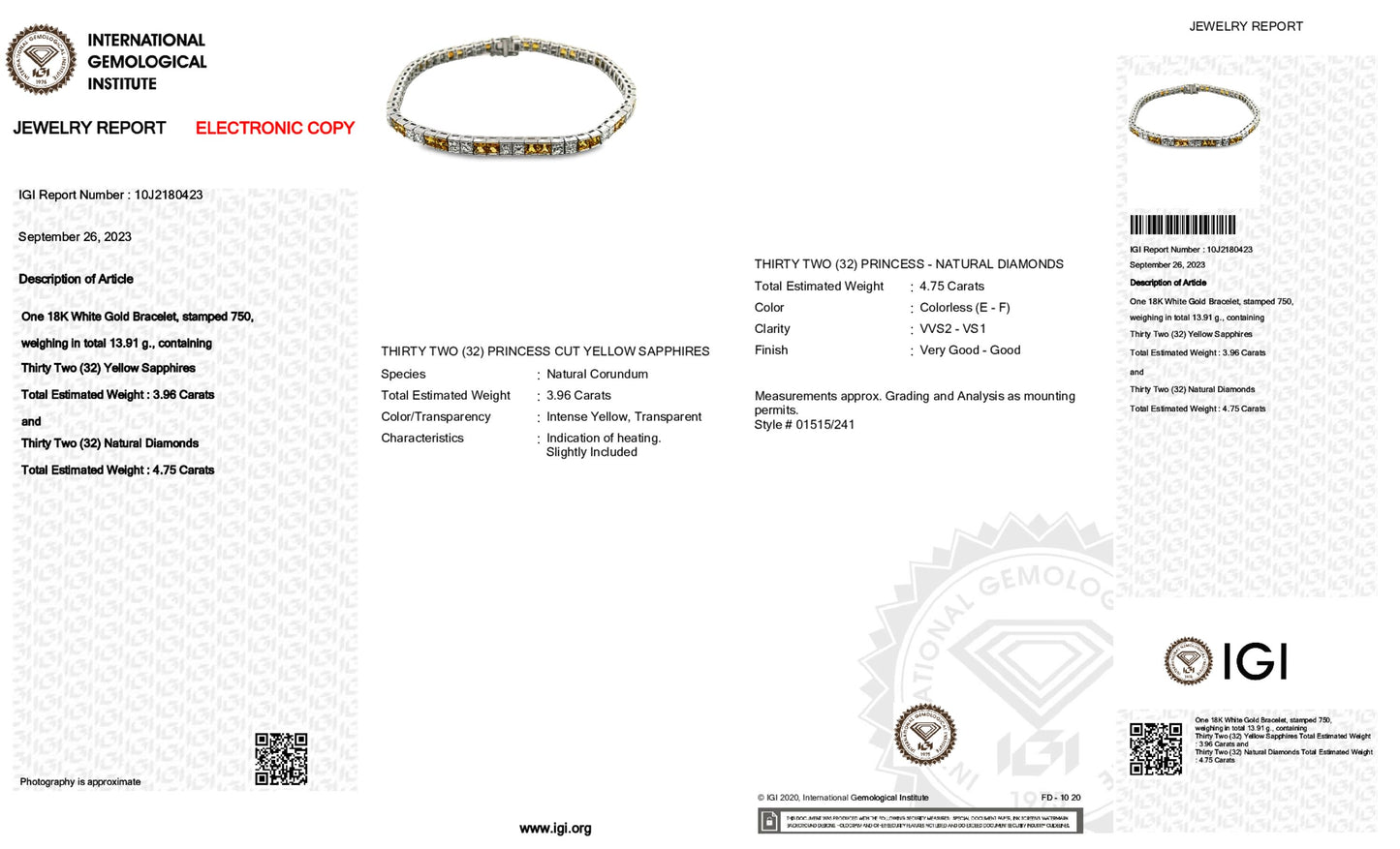18K White Gold Tennis Bracelet With 8.71 TCW - Natural Fancy Colored Diamond Main Stone