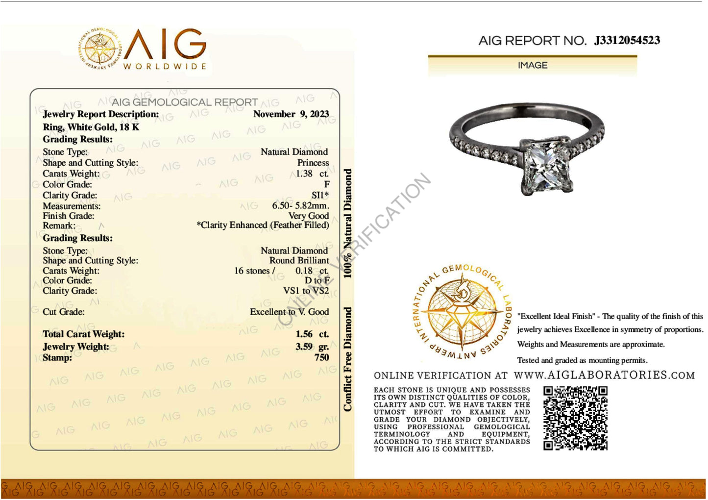 18K White Gold Engagement Ring With 1.56 TCW Natural Diamond