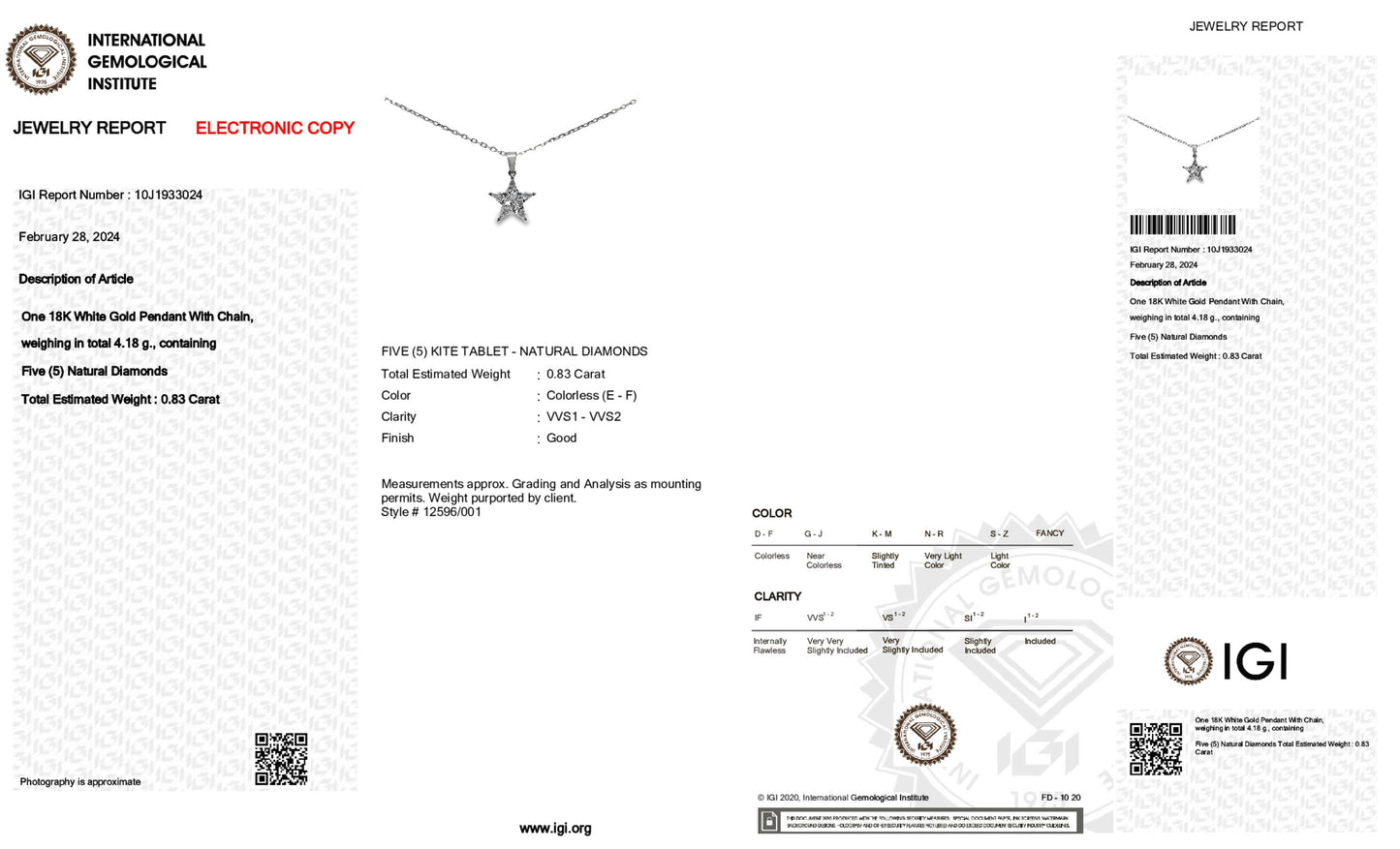 18K White Gold Star Pendant Necklace With 0.83 TCW Natural Diamond
