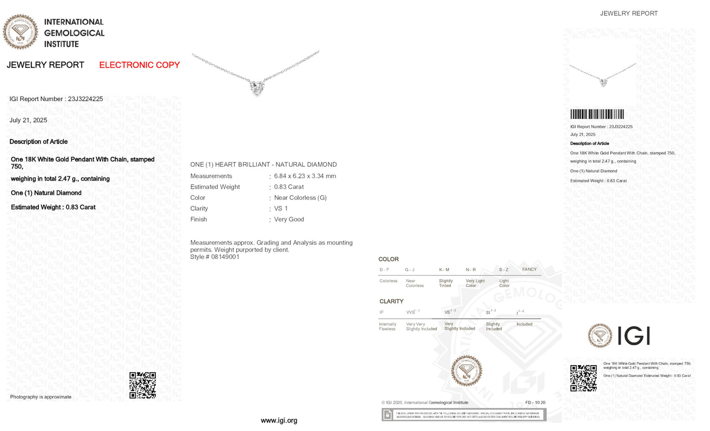 18k White Gold Solitaire Pendant With 0.83 Carat Heart Shape Natural Diamond
