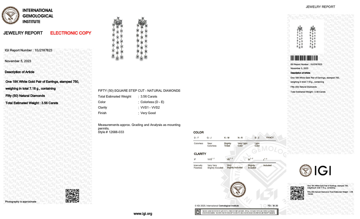18K White Gold Drop Earrings With 3.56 TCW Natural Diamond