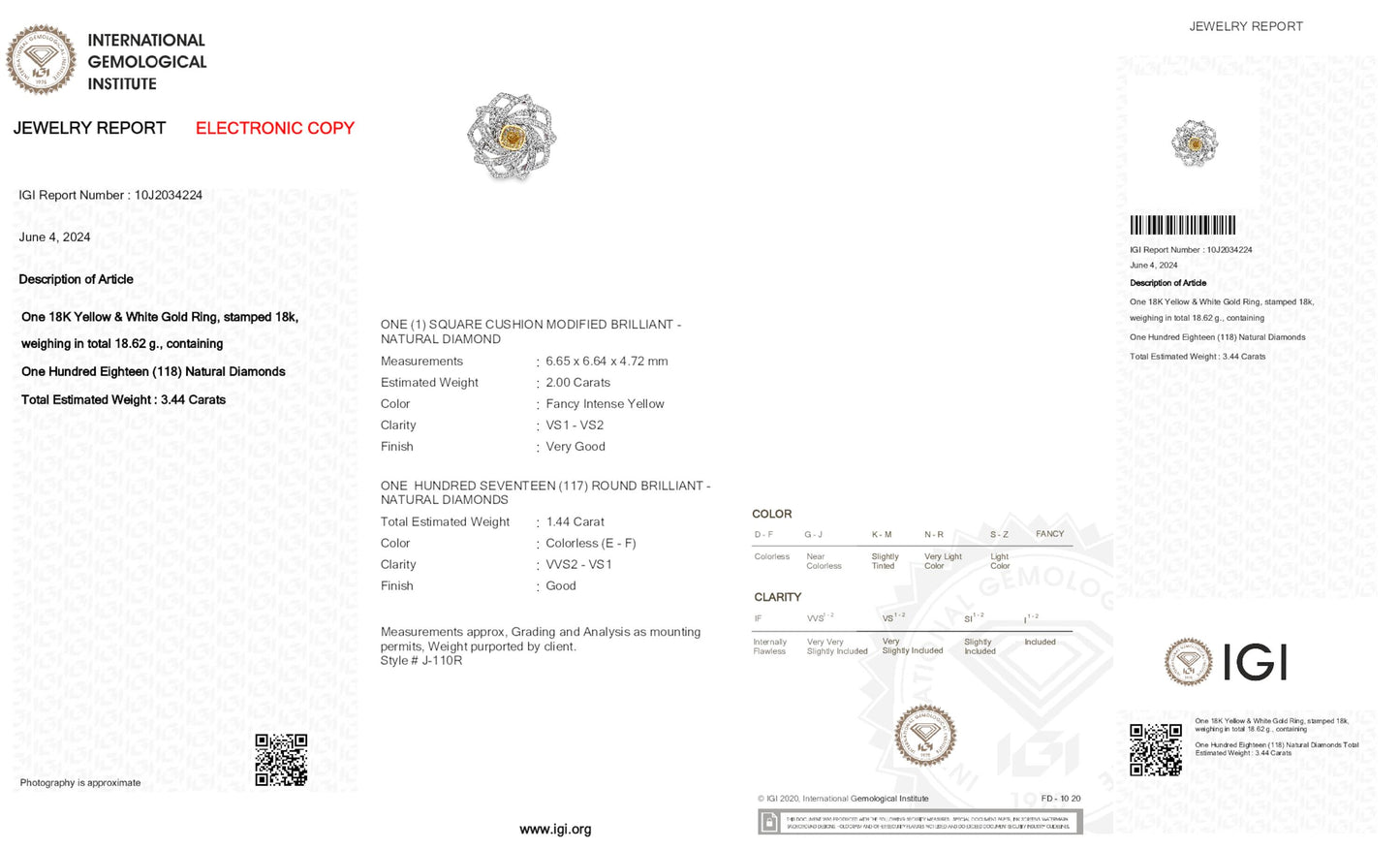 18K White Gold Ring With 3.44 TCW TCW Natural Diamond - Natural Fancy Colored Diamond Main Stone