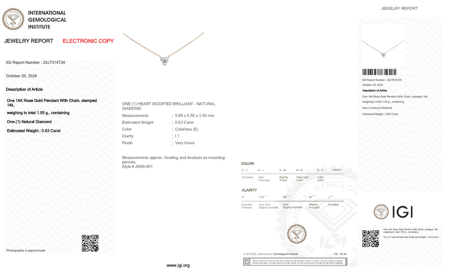 14K Rose Gold Pendant Necklace With 0.63 Carats Natural Diamond