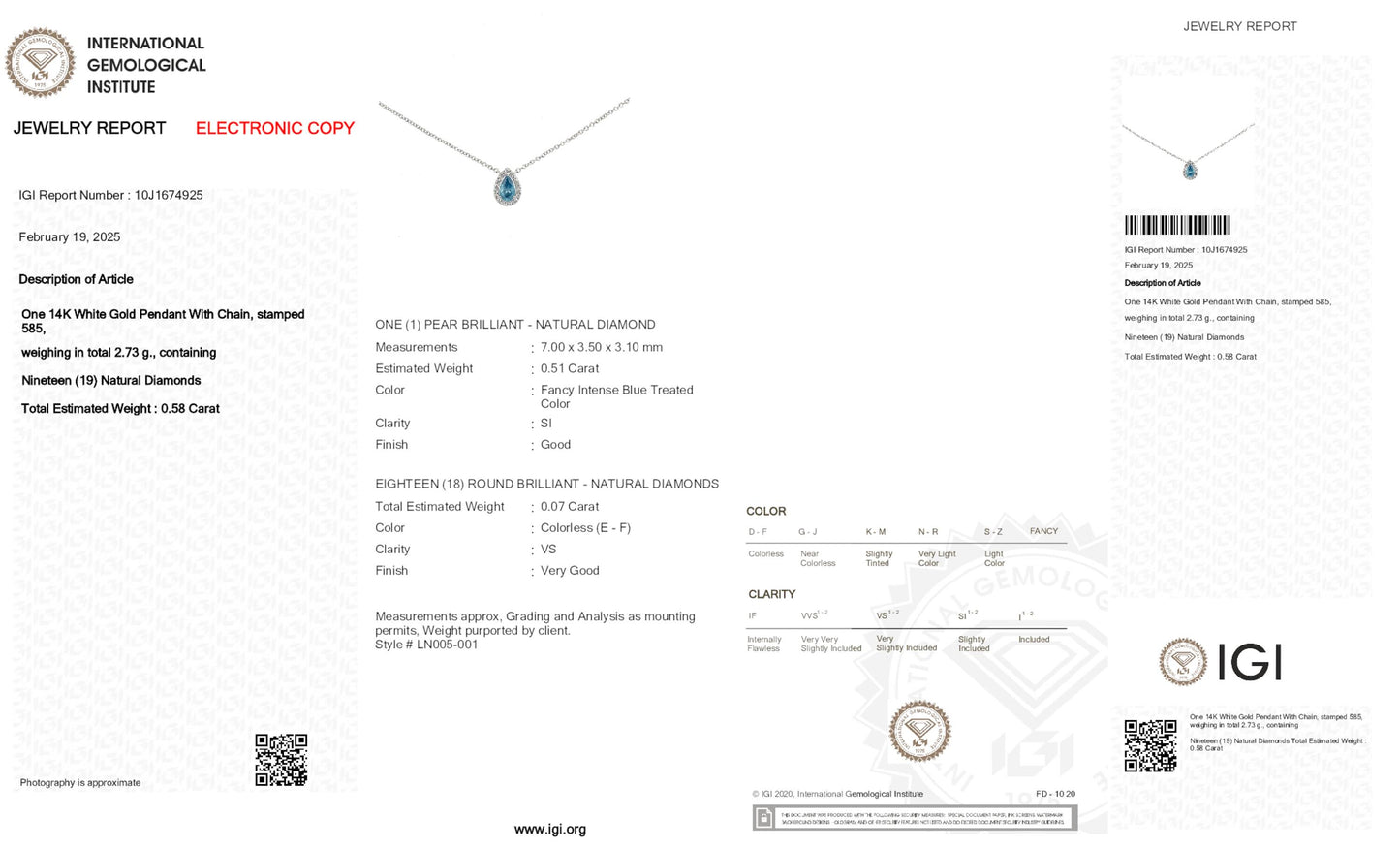 14K White Pendant Necklace With 0.58 TCW - Natural Fancy Colored Diamond Main Stone