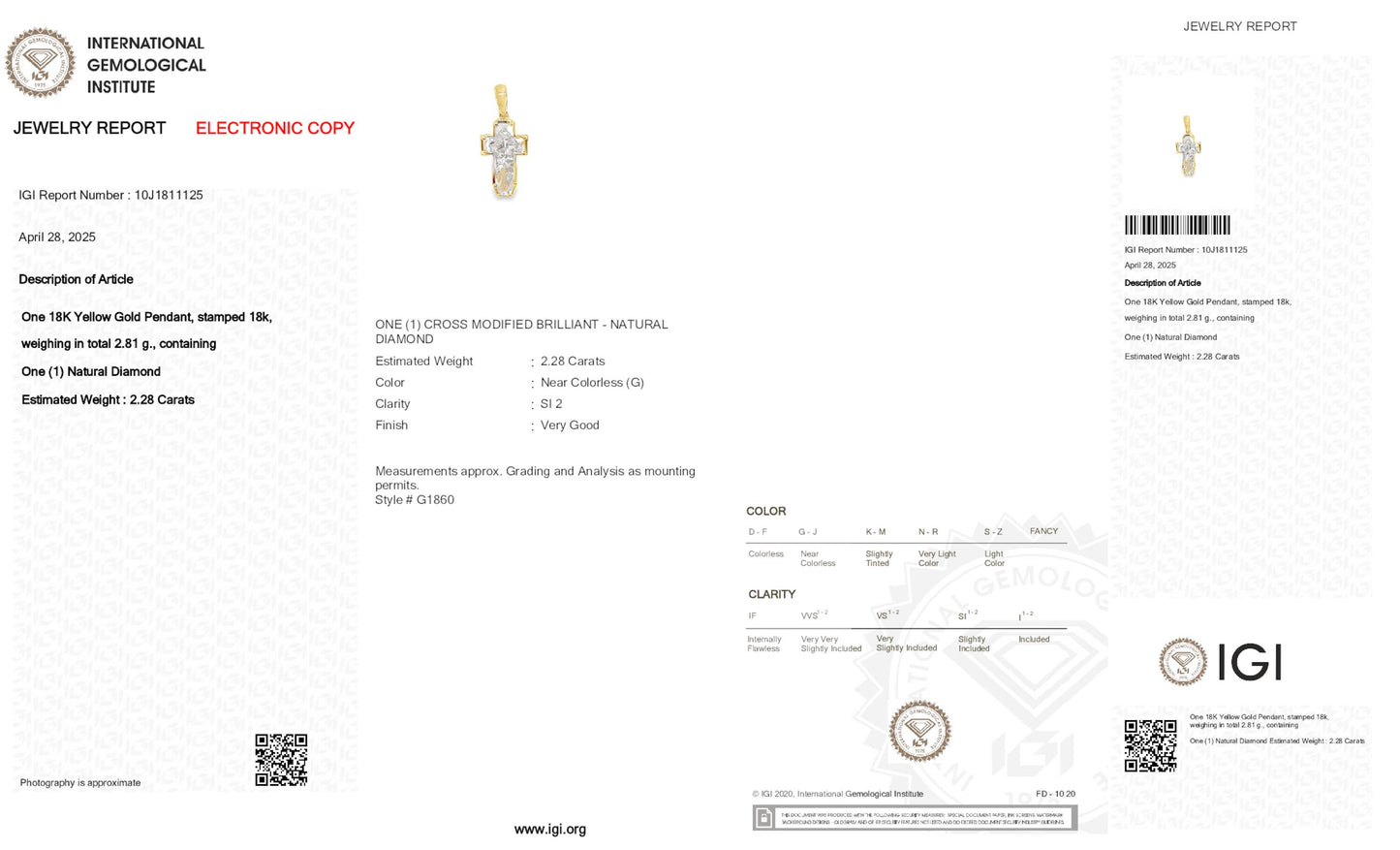 18K Yellow Gold Cross Pendant With 2.28 TCW Natural Diamond