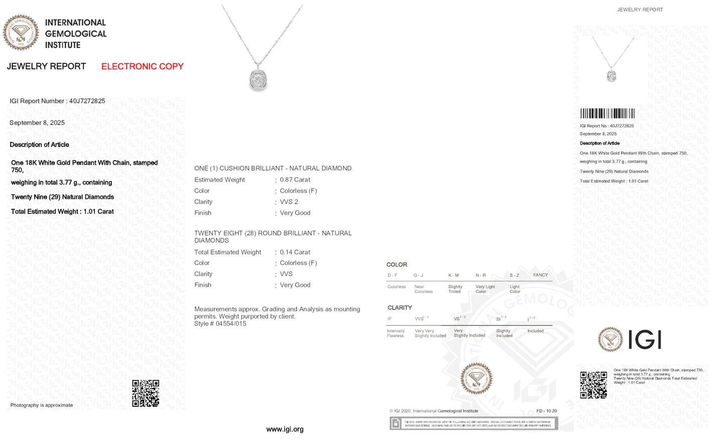 18k White Gold Halo Pendant Necklace With 1.01 tcw Cushion Cut Natural Diamond