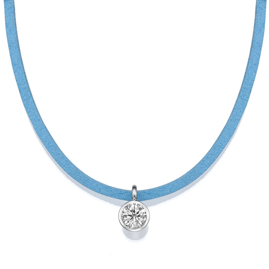 18K White Gold Blue Suede Leather Necklace With 0.80 Carats Diamond Pendant
