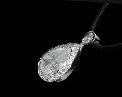 18K White Gold Pear Pendant Black Leather Necklace with 4.18 TCW Natural Diamond