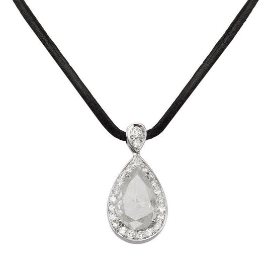 18K White Gold Pear Pendant Black Leather Necklace with 4.18 TCW Natural Diamond
