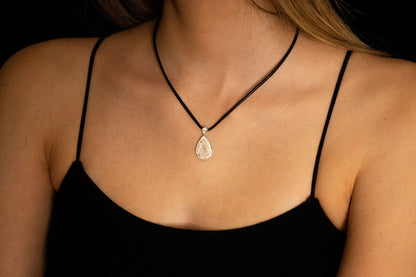 18K White Gold Pear Pendant Black Leather Necklace with 4.18 TCW Natural Diamond