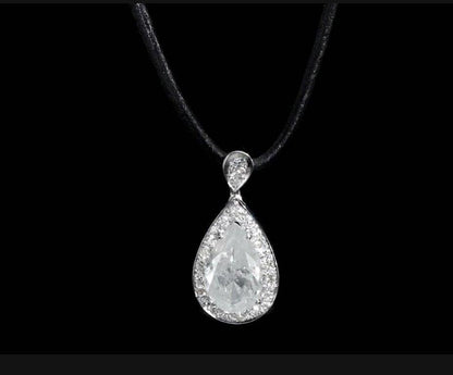 18K White Gold Pear Pendant Black Leather Necklace with 4.18 TCW Natural Diamond