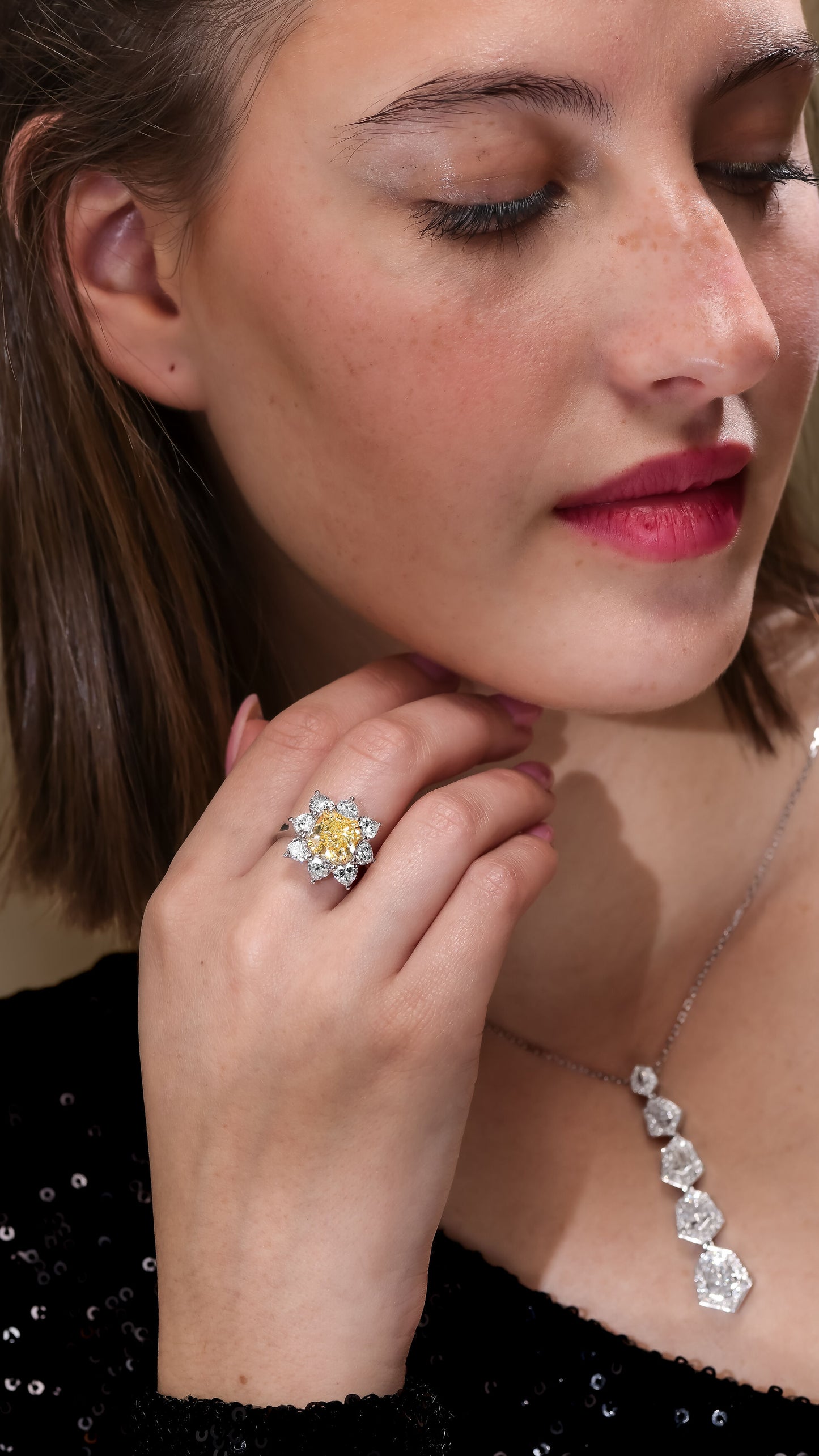 18k White Gold Statement Ring With 4.10 TCW - Natural Fancy Colored Diamond Main Stone
