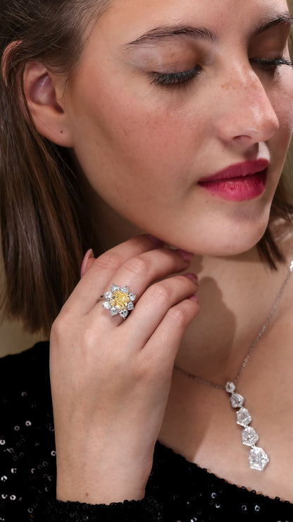 18k White Gold Statement Ring With 4.10 TCW - Natural Fancy Colored Diamond Main Stone