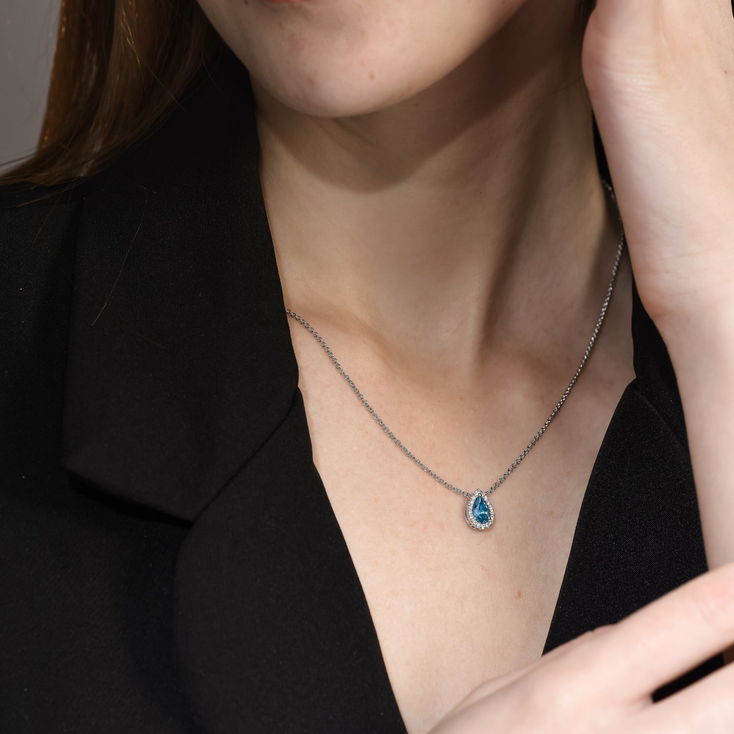 0.58 tcw Pear Shape Fancy Intense Blue in 14k Halo Pendant