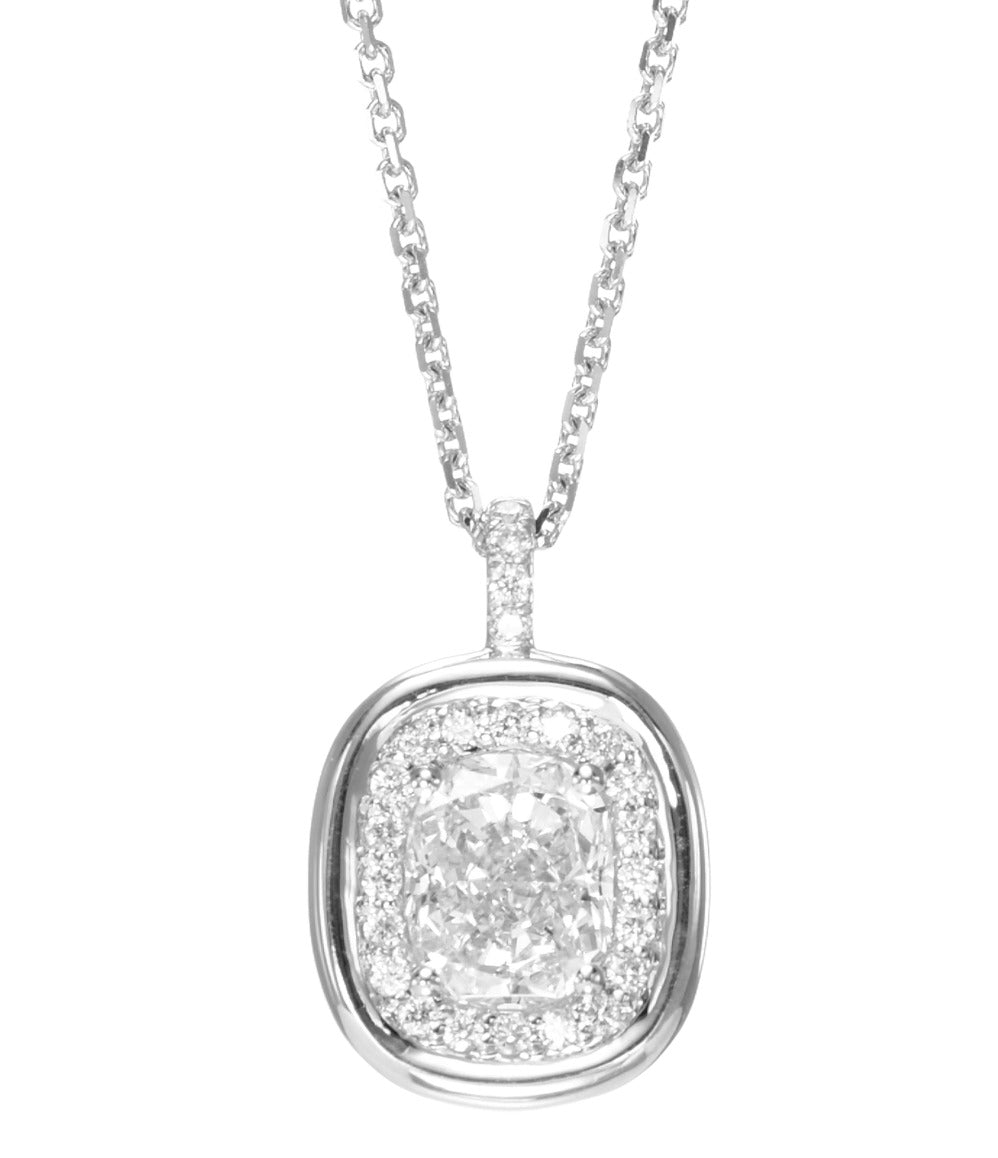 18k White Gold Halo Pendant Necklace With 1.01 tcw Cushion Cut Natural Diamond