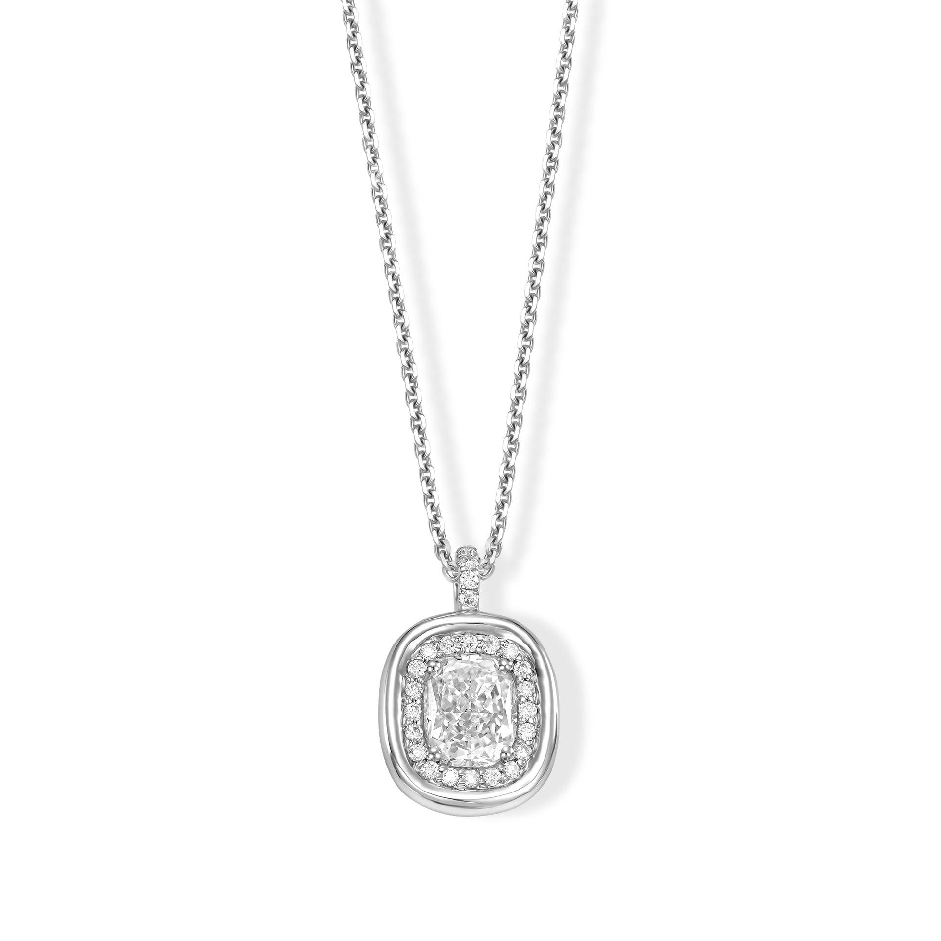 18k White Gold Halo Pendant Necklace With 1.01 tcw Cushion Cut Natural Diamond