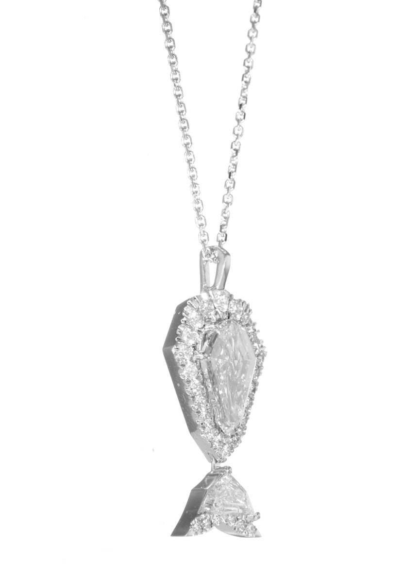 18k White Gold "The Whale" Pendant Necklace With 1.28 ct Shield Shape Natural Diamond