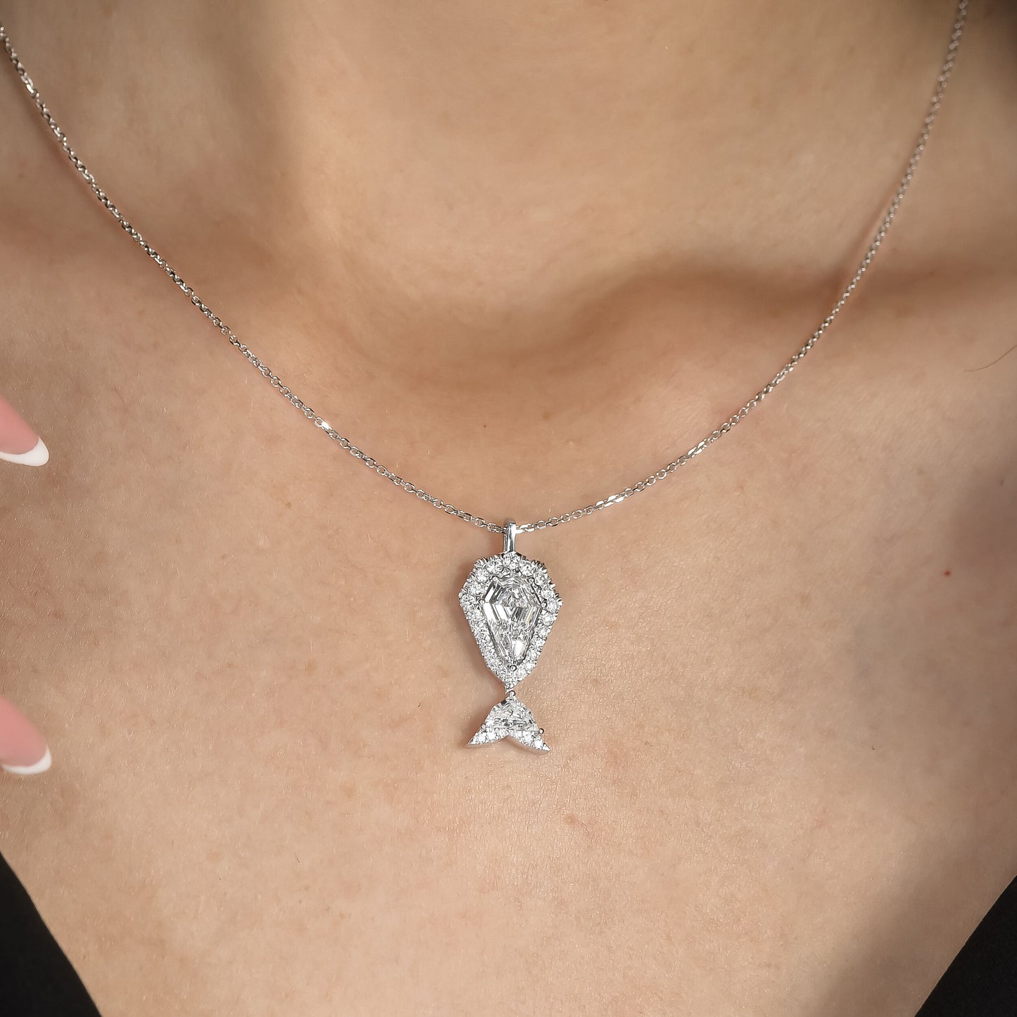 18k White Gold "The Whale" Pendant Necklace With 1.28 ct Shield Shape Natural Diamond