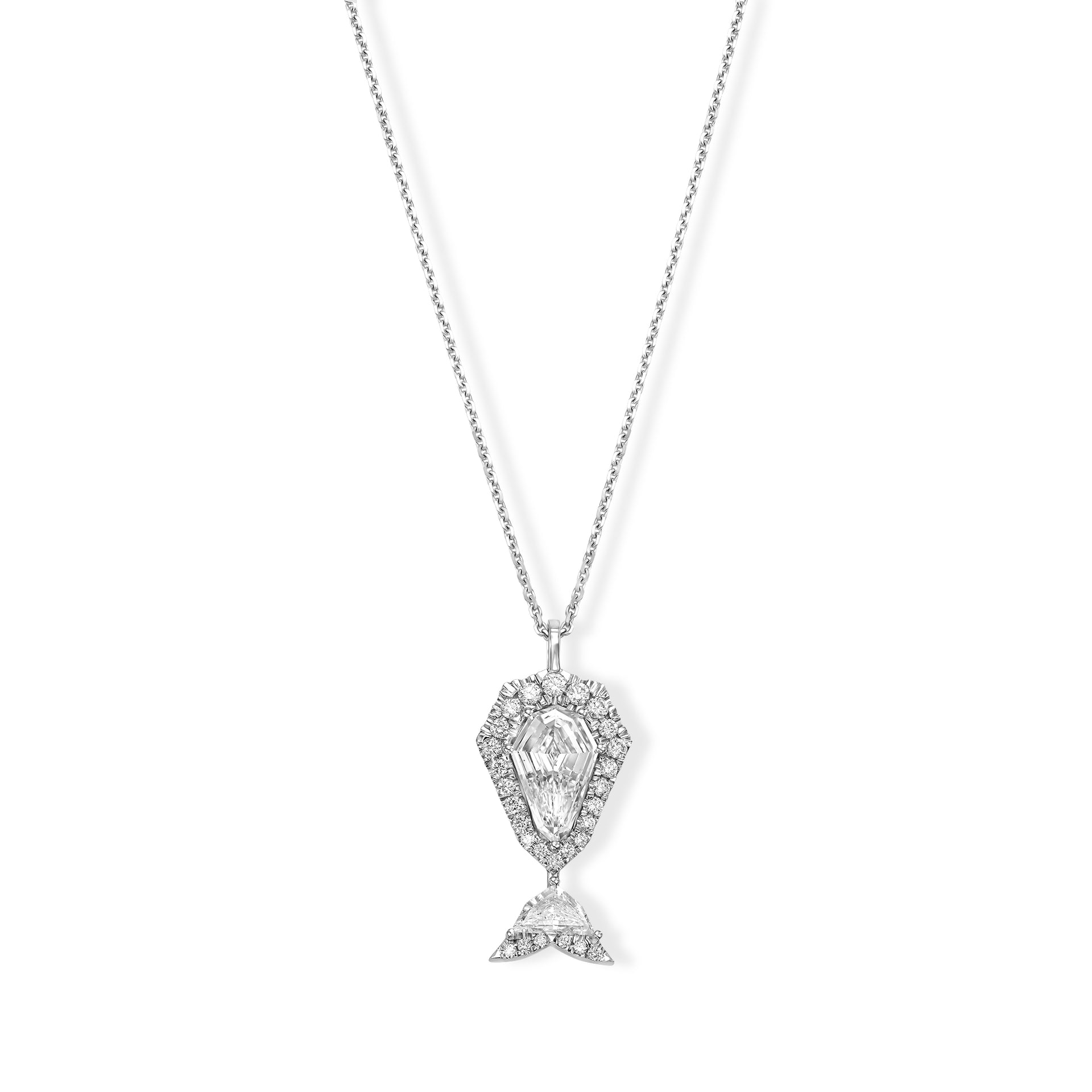 18k White Gold "The Whale" Pendant Necklace With 1.28 ct Shield Shape Natural Diamond