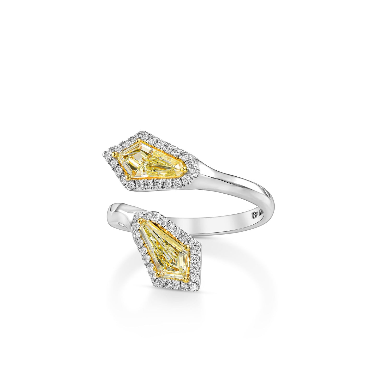 18k White Gold Toi & Moi Ring With 0.83ct Fancy Yellow Pair of Shield Shape Natural Diamond