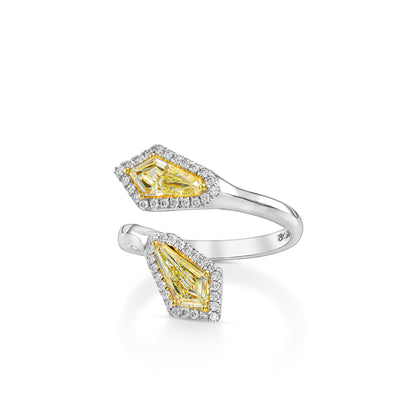 18k White Gold Toi & Moi Ring With 0.83ct Fancy Yellow Pair of Shield Shape Natural Diamond