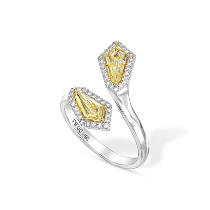 18k White Gold Toi & Moi Ring With 0.83ct Fancy Yellow Pair of Shield Shape Natural Diamond