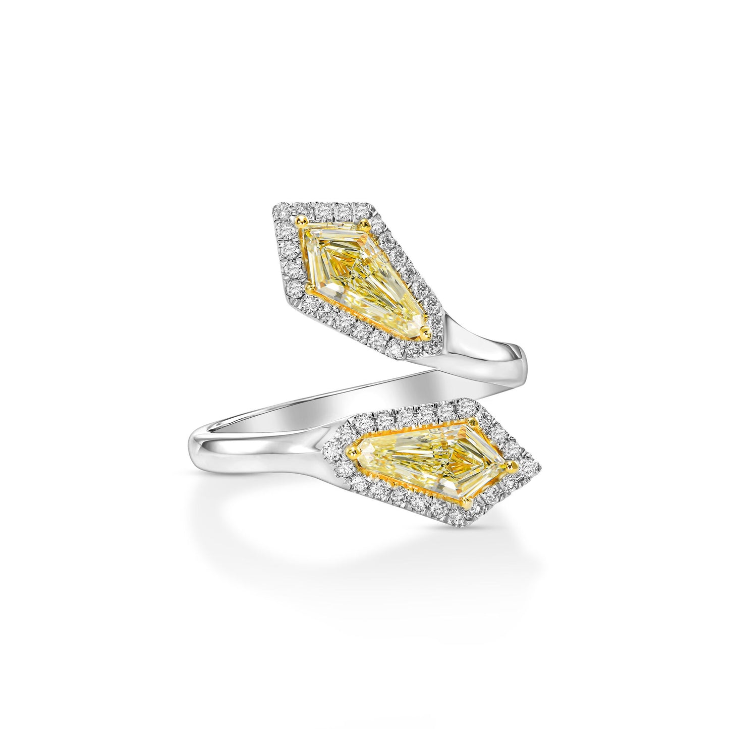18k White Gold Toi & Moi Ring With 0.83ct Fancy Yellow Pair of Shield Shape Natural Diamond