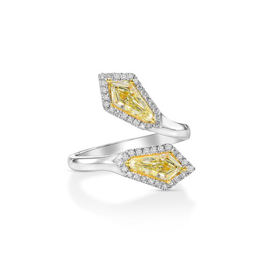 18k White Gold Toi & Moi Ring With 0.83ct Fancy Yellow Pair of Shield Shape Natural Diamond