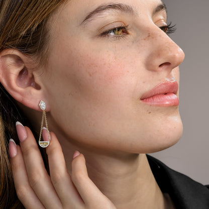1.34tcw Shield & Half Moon Shape Natural Diamond in a 18k Yellow Gold Dangling Earring, Main Stones: 0.55ct Shields 0.36ct Half Moon +0.43ct Round Stones